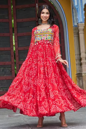 Red faux georgette badhni print with kutchi patche work navratri gown