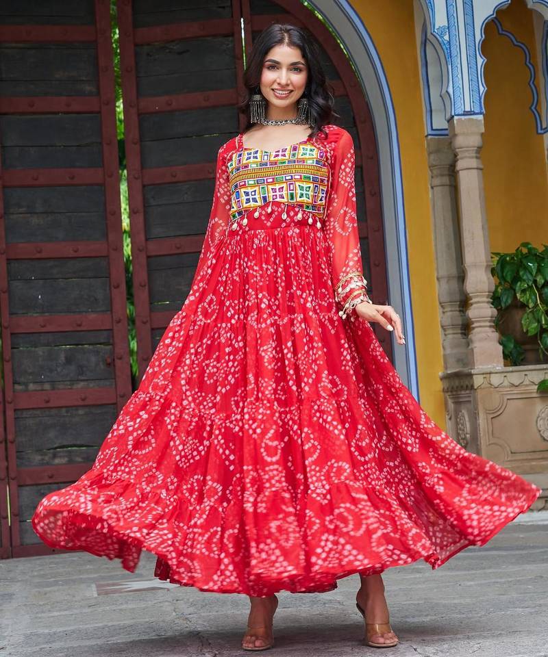 Red faux georgette badhni print with kutchi patche work navratri gown