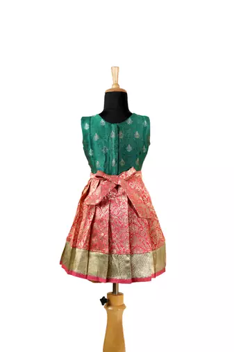 Girls peach lotus garden pattu pavadai frocks