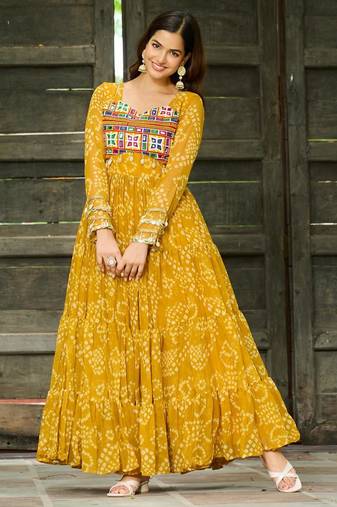 Yellow faux georgette badhni print with kutchi patche work navratri gown