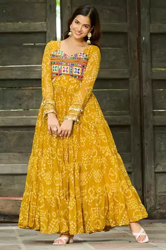 Yellow faux georgette badhni print with kutchi patche work navratri gown