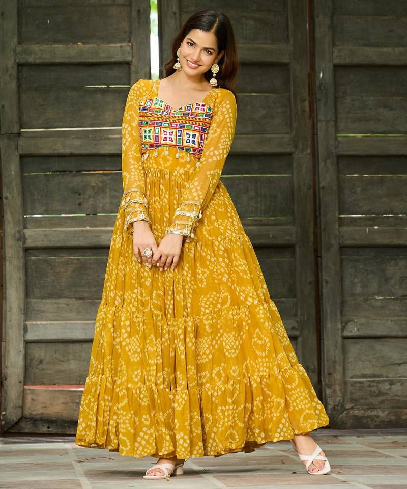 Yellow faux georgette badhni print with kutchi patche work navratri gown