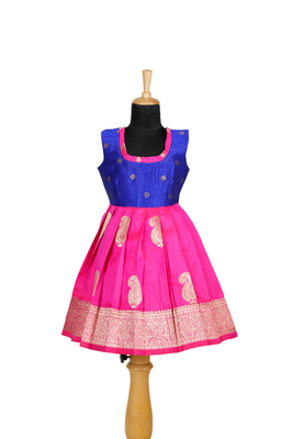 Girls pink royal mango pattu pavadai frocks 1