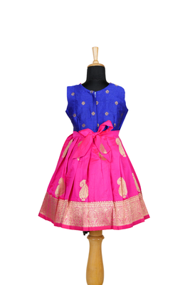 Girls pink royal mango pattu pavadai frocks 2
