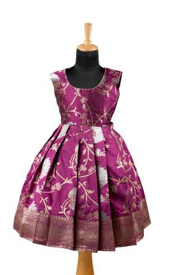 Girls magenta silver lotus pattu pavadai frocks 1