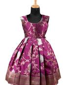 Girls magenta silver lotus pattu pavadai frocks