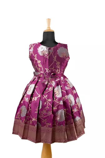 Girls magenta silver lotus pattu pavadai frocks