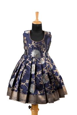 Girls navy blue silver lotus pattu pavadai frocks 1