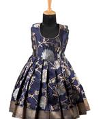 Girls navy blue silver lotus pattu pavadai frocks