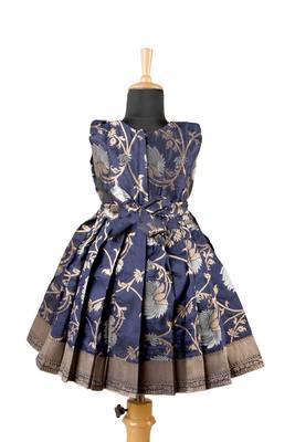 Girls navy blue silver lotus pattu pavadai frocks 2