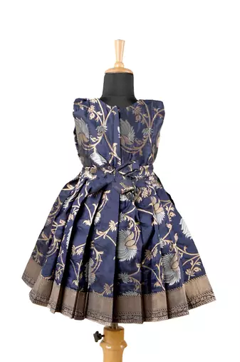 Girls navy blue silver lotus pattu pavadai frocks
