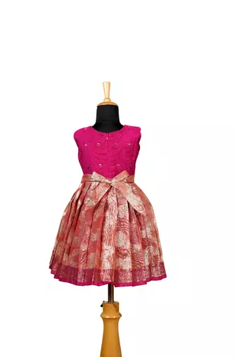 Girls pink silver poppy pattu pavadai frocks