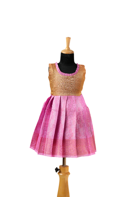 Pink silver honey comb baby pattu pavadai frocks 1