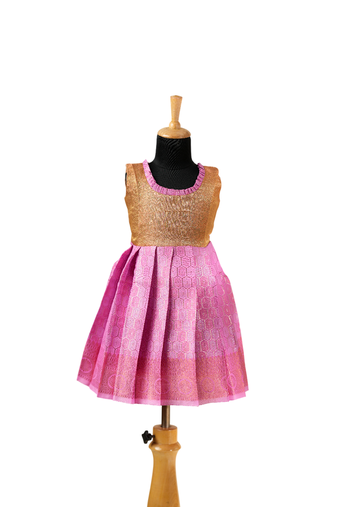 Pink silver honey comb baby pattu pavadai frocks