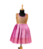 Pink silver honey comb baby pattu pavadai frocks