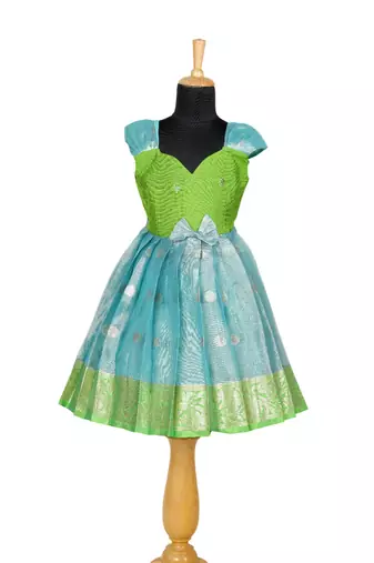 Sky blue floating mango bhutta baby pattu pavadai frocks