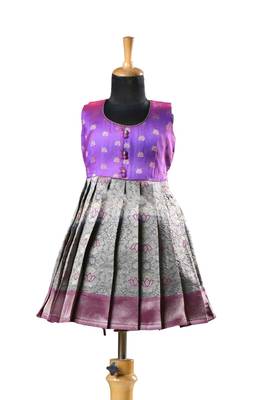 Grey banaras lotus baby pattu pavadai frocks for kids 1