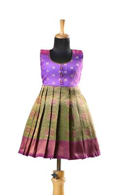 Green banaras lotus baby pattu pavadai frocks for kids 1