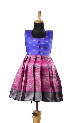 Pink banaras lotus baby pattu pavadai frocks for kids 1