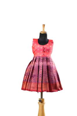 Magenta banaras lotus baby pattu pavadai frocks for kids 1
