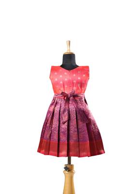 Magenta banaras lotus baby pattu pavadai frocks for kids 2