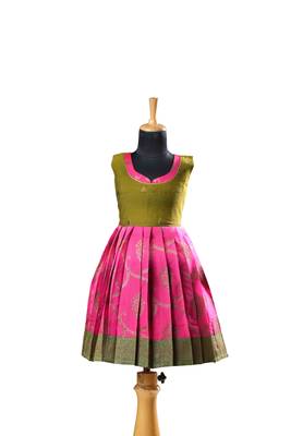 Dark pink antique pendent baby pattu pavadai frocks for kids 1