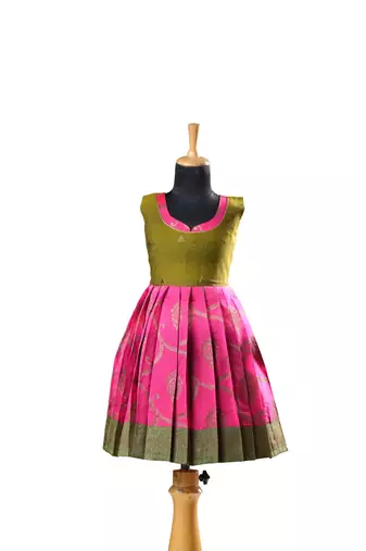 Dark pink antique pendent baby pattu pavadai frocks for kids