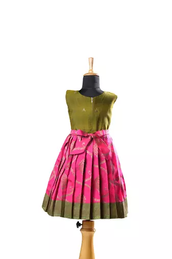 Dark pink antique pendent baby pattu pavadai frocks for kids