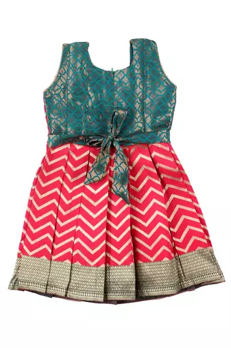 Peach golden waves baby pattu pavadai frocks for girls