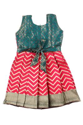 Girls dark green lightening tissue pattu pavadai frocks 1