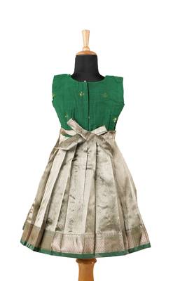 Girls dark green lightening tissue pattu pavadai frocks 2