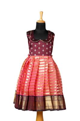 Girls peach golden piller pattu pavadai frocks 1