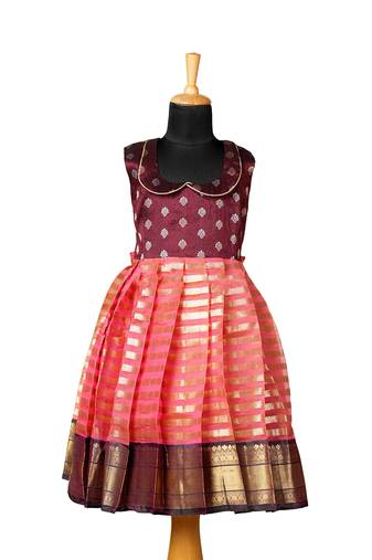 Girls peach golden piller pattu pavadai frocks