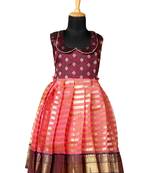 Girls peach golden piller pattu pavadai frocks