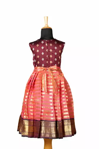 Girls peach golden piller pattu pavadai frocks
