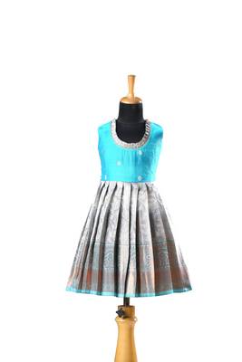 Grey copper twin leaf baby pattu pavadai frocks for kids 1