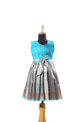 Navy blue copper twin leaf baby pattu pavadai frocks for kids