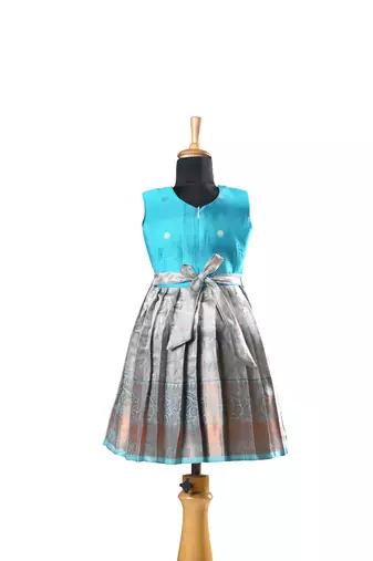 Navy blue copper twin leaf baby pattu pavadai frocks for kids
