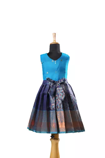 Navy blue copper twin leaf baby pattu pavadai frocks for kids