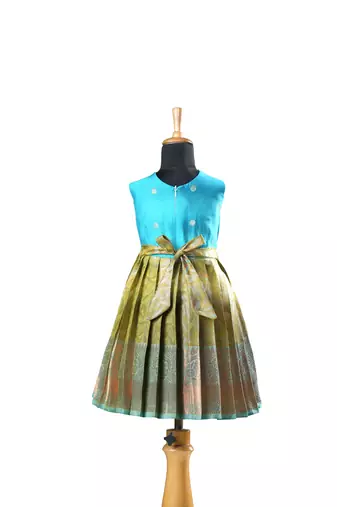 Green copper twin leaf baby pattu pavadai frocks for kids