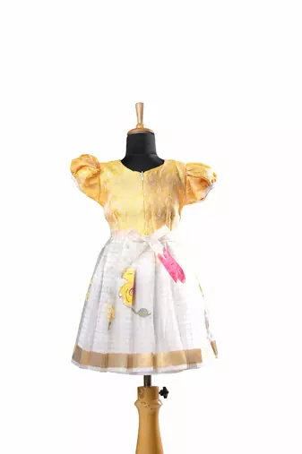 Yellow pattu pavadai frocks onam organza baby pattu pavadai frocks for kids