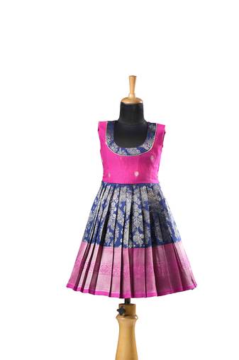 Navy blue golden cocoon  baby pattu pavadai frocks for kids