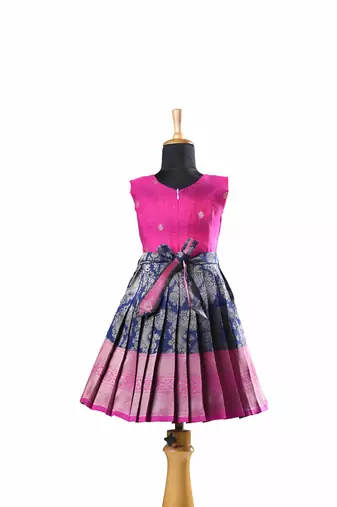 Navy blue golden cocoon  baby pattu pavadai frocks for kids