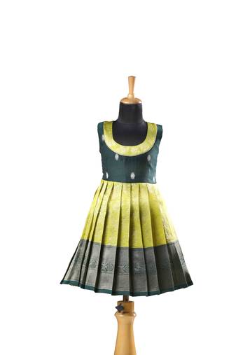 Parrot green golden cocoon  baby pattu pavadai frocks for kids