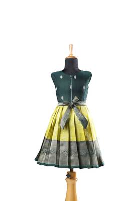 Parrot green golden cocoon  baby pattu pavadai frocks for kids 2