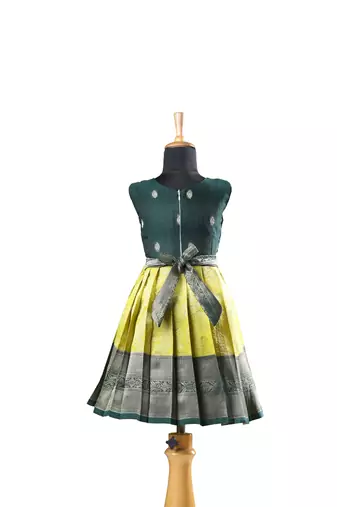 Parrot green golden cocoon  baby pattu pavadai frocks for kids