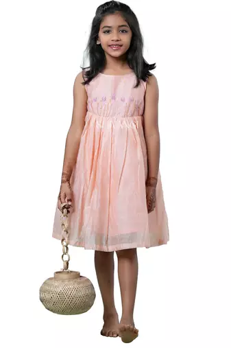 Peach checks rice corn pattu pavadai frocks for kids