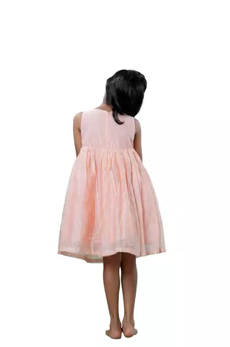 Peach checks rice corn pattu pavadai frocks for kids