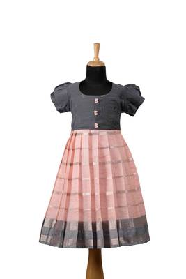 Peach floral line baby pattu pavadai frocks for kids 1