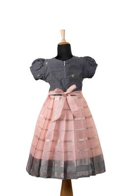 Peach floral line baby pattu pavadai frocks for kids 2